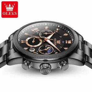 Olevs 3660 Original Quartz Diamond Moon Phase Men Chronograph Watch Black - Image 4