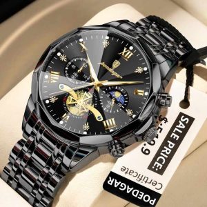 POEDAGAR 996 Original Chronograph Men's Wrist Watch Black Gold. - Image 1