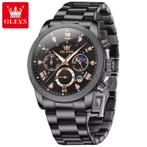 Olevs 3660 Original Quartz Diamond Moon Phase Men Chronograph Watch Black - Image 1