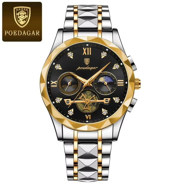 POEDAGAR 996 Original Chronograph Men's Wrist Watch Silver Gold Black.