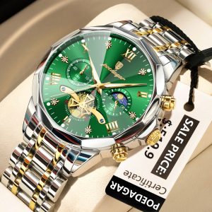 POEDAGAR 938 Chronograph Men Watch Silver Gold Green.