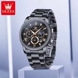 Olevs 3660 Original Quartz Diamond Moon Phase Men Chronograph Watch Black - Image 3