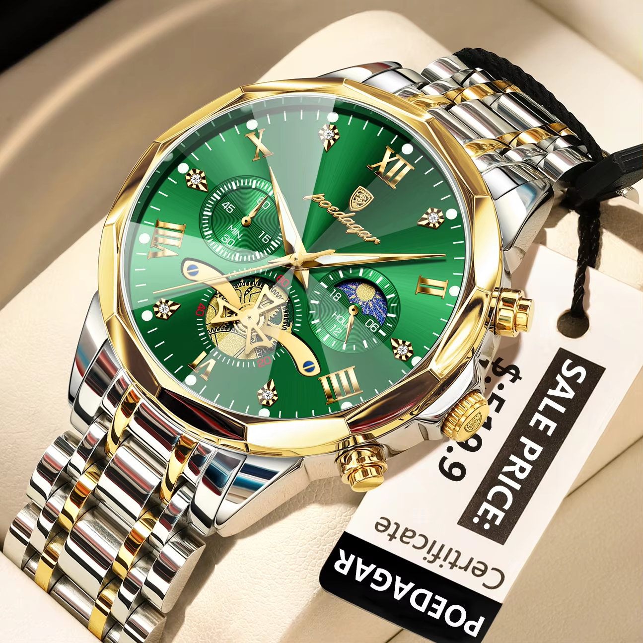 POEDAGAR 938 Male Luminous Waterproof  Hands Wristwatches Silver Gold Green.
