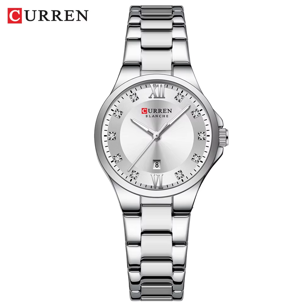 CURREN 9107 Women's Watch Calendar Stainless Steel Waterproof Luminous Clock Silver White.