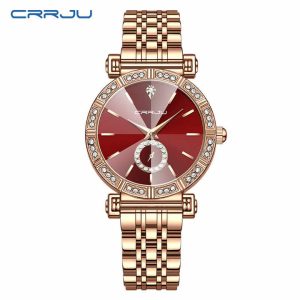 Crrju 5011 for Women Diamond Case Stainless Steel Wrist Watche Gold Red - Image 2