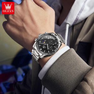 OLEVS 3618 Multifunctional Chronograph Watch Silver Black. - Image 2