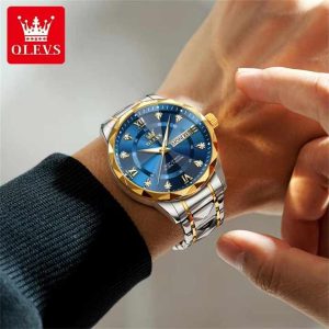 OLEVS 5609 Mens Watches Rhombus Design Stainless Steel Waterproof Silver Gold Blue. - Image 2