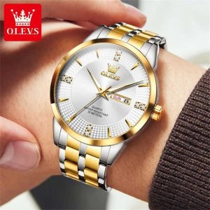OLEVS 9917 Men's Watch Date Week Display Classic Simple Stainless Steel Waterproof Gold White. - Image 3