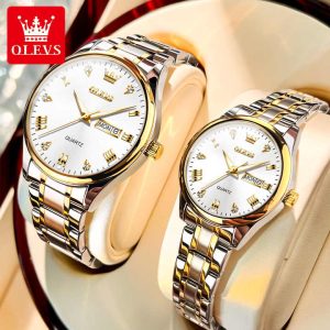 OLEVS 5563 Stainless Steel Analog Wrist Watch For Couple - Silver Gold White - Image 2