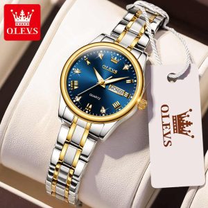 OLEVS 5563 -Stainless Steel Analog Wrist Watch For Women - Silver Gold Blue - Image 1