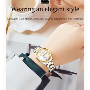 OLEVS 5563 -Stainless Steel Analog Wrist Watch For Women - Silver Gold White - Image 2