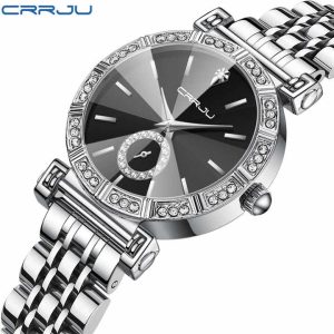 Crrju 5011 for Women Diamond Case Stainless Steel Wrist Watche Silver Black. - Image 3