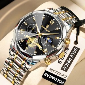 POEDAGAR 938 Chronograph Men Watch Silver Gold Black.