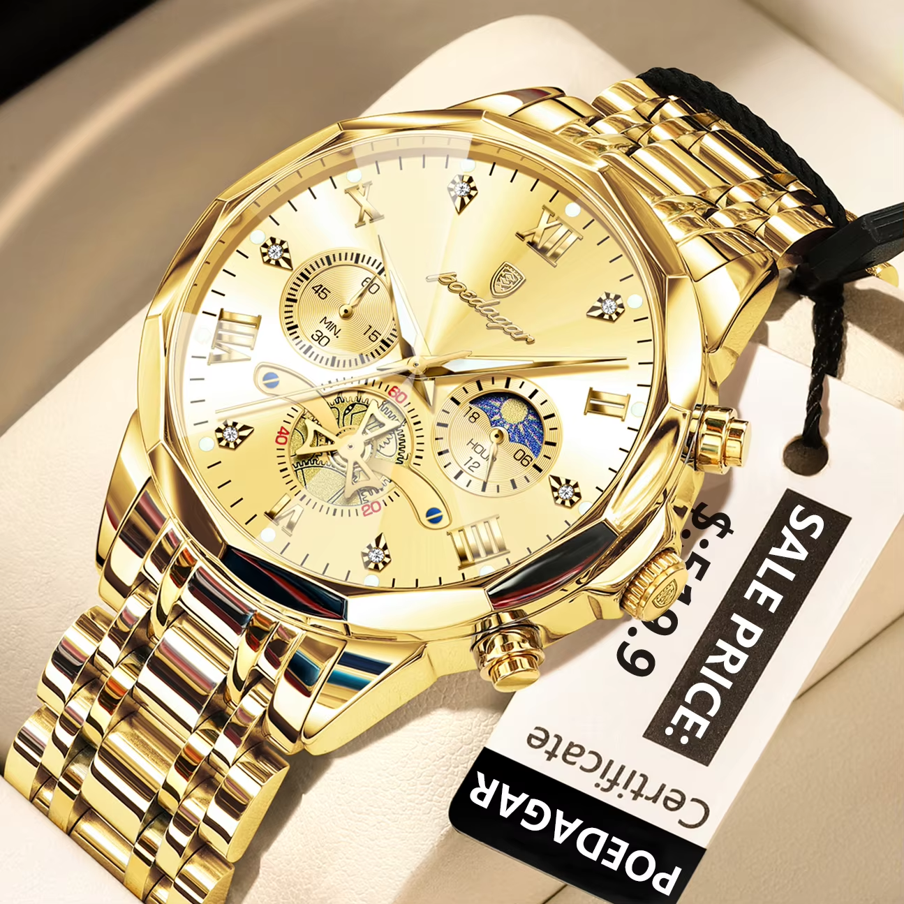POEDAGAR 938 Male Luminous Waterproof  Hands Wristwatches Full Gold.