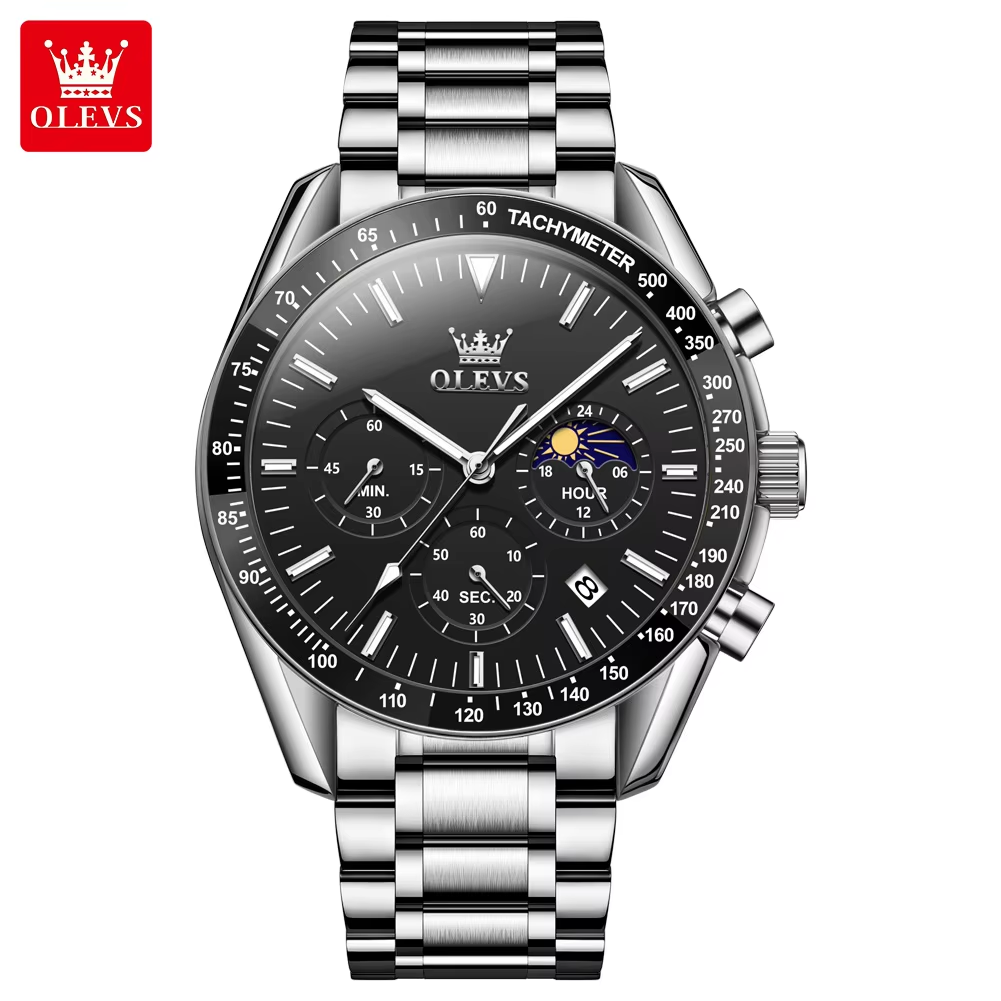 OLEVS 3618 Multifunctional Chronograph Watch Silver Black.