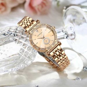 Crrju 5011 for Women Diamond Case Stainless Steel Wrist Watche Gold. - Image 2
