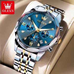 OLEVS 3670 Original Luxury Men's Waterproof Wristwatch Silver Gold Blue. - Image 2