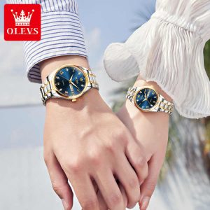 OLEVS 5563 Stainless Steel Analog Wrist Watch For Couple - Silver Gold Blue - Image 3