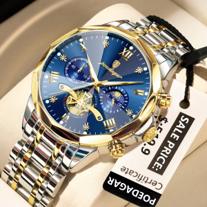 POEDAGAR 938 Male Luminous Waterproof Hands Wristwatches Gold Blue. - Image 1