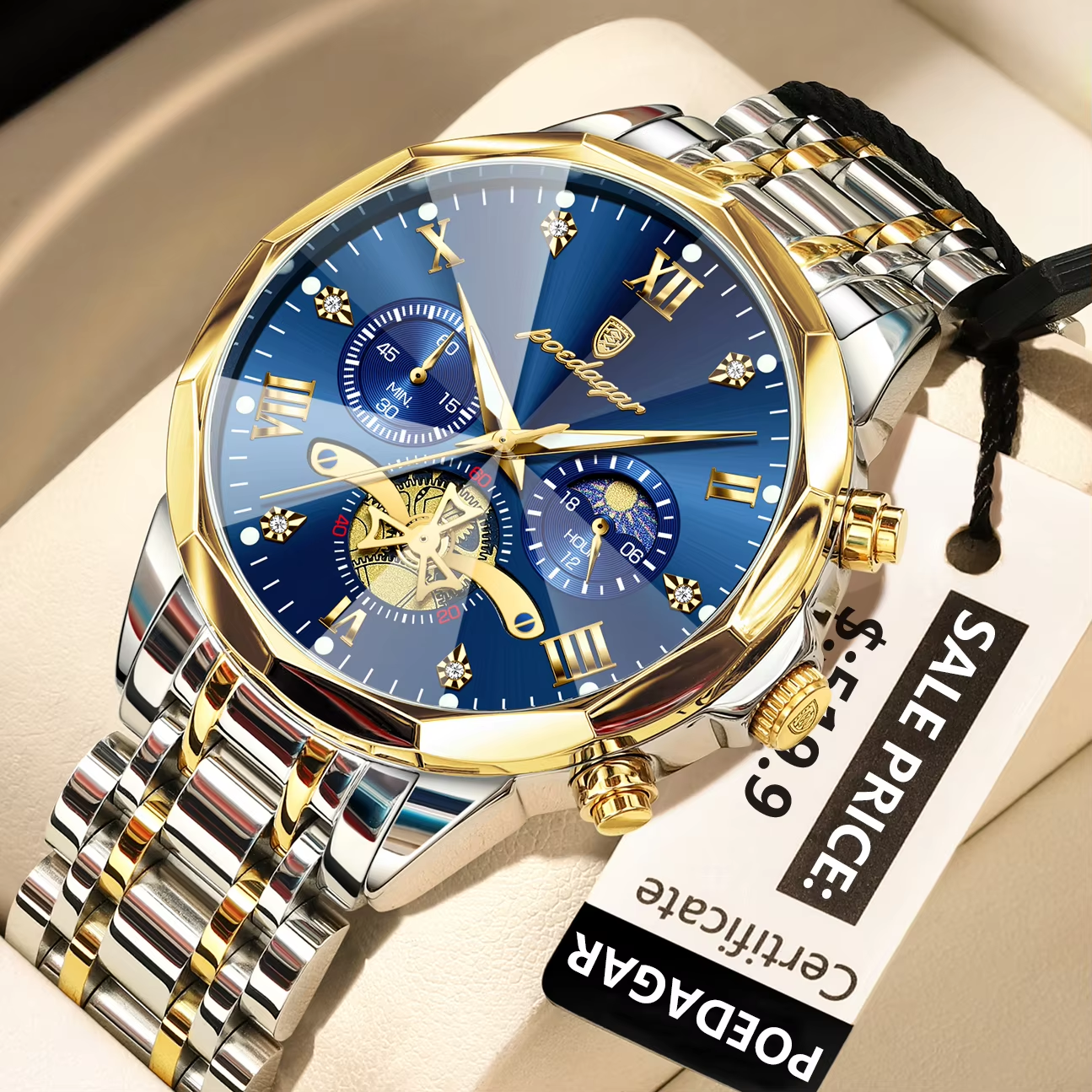 POEDAGAR 938 Male Luminous Waterproof  Hands Wristwatches Gold Blue.