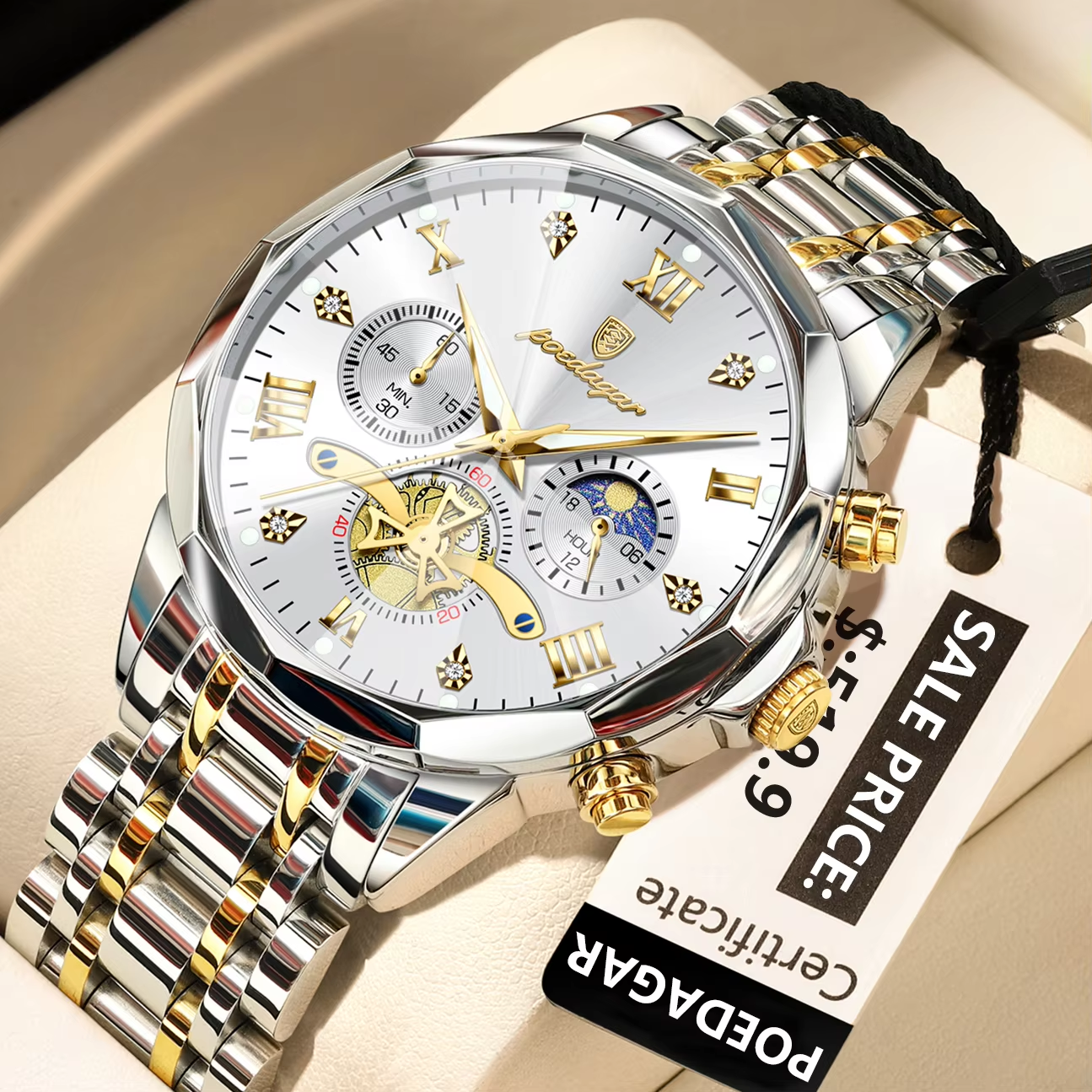 POEDAGAR 938 Male Luminous Waterproof  Hands Wristwatches Silver Gold White.