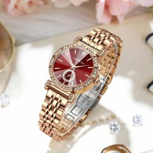 Crrju 5011 for Women Diamond Case Stainless Steel Wrist Watche Gold Red - Image 3