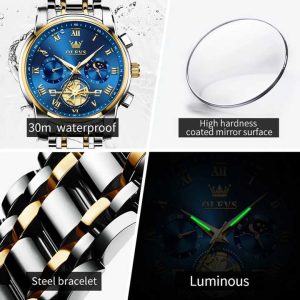 OLEVS 2859 Original Watch For Men Silver Gold Blue. - Image 3