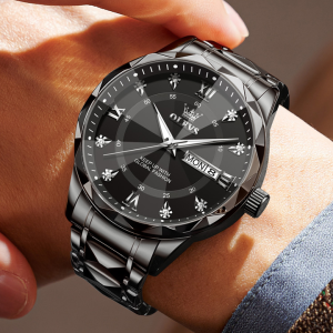 OLEVS 5609 Mens Watches Rhombus Design Stainless Steel Waterproof Full Black. - Image 4