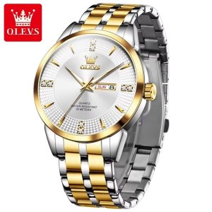 OLEVS 9917 Men's Watch Date Week Display Classic Simple Stainless Steel Waterproof Gold White. - Image 1