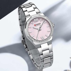 CURREN 9103 Luxury Diamond Watch For Woman Silver & Baby Pink.