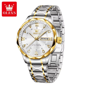 OLEVS 5609 Mens Watches Rhombus Design Stainless Steel Waterproof Silver Gold White. - Image 2