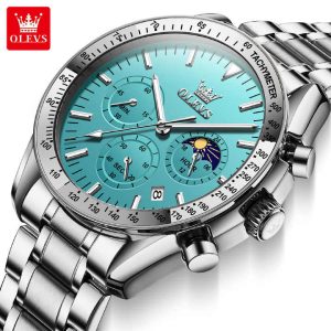 OLEVS 3618 Multifunctional Chronograph Watch Silver Aqua Blue.  - Image 3