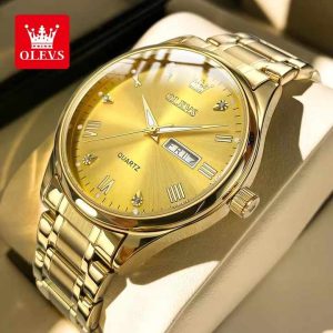OLEVS 5563 -Stainless Steel Analog Wrist Watch For Male - Full Gold - Image 3
