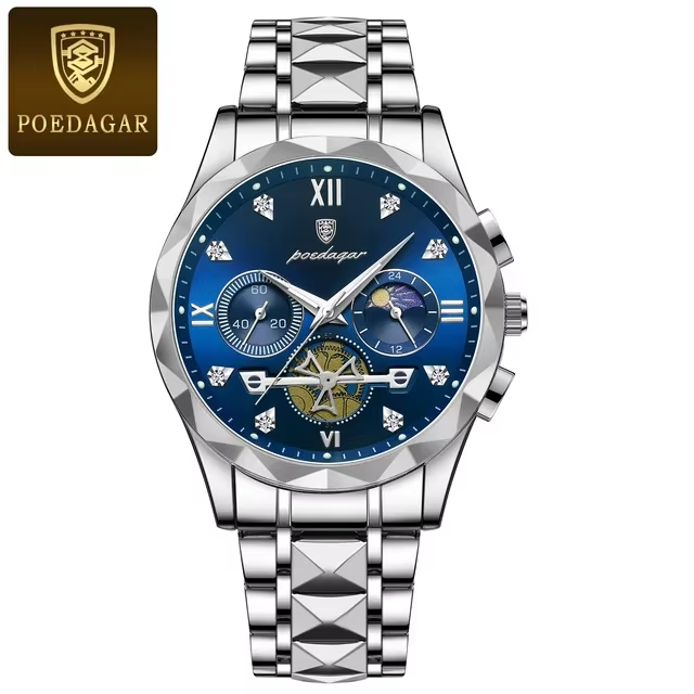 POEDAGAR 996 Original Chronograph Men's Wrist Watch Silver Blue.