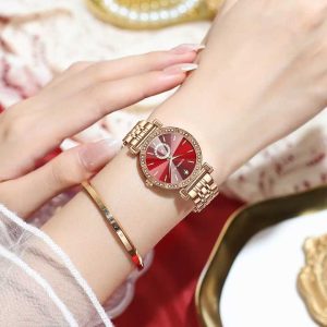 Crrju 5011 for Women Diamond Case Stainless Steel Wrist Watche Gold Red - Image 4