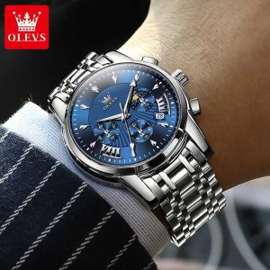 OLEVS 2892 Classic Fashion Chronograph WristWatch Waterproof Silver Blue. - Image 2