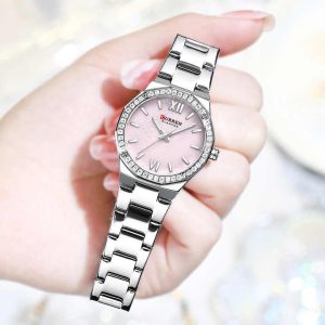 CURREN 9103 Luxury Diamond Watch For Woman Silver & Baby Pink. - Image 4