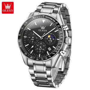 OLEVS 3618 Multifunctional Chronograph Watch Silver Black. - Image 4