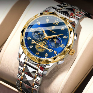 POEDAGAR 996 Original Chronograph Men's Wrist Watch Silver Gold Blue. - Image 3