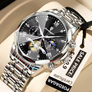 POEDAGAR 938 Male Luminous Waterproof Hands Wristwatches Silver Black. - Image 1