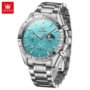 OLEVS 3618 Multifunctional Chronograph Watch Silver Aqua Blue.  - Image 4
