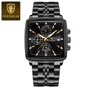 POEDAGAR 866 Square Luxury Quartz Watch Full Black. - Image 1