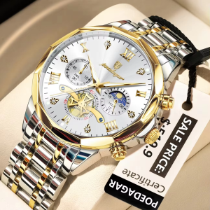 POEDAGAR 996 Original Chronograph Men's Wrist Watch Silver Gold White - Image 2