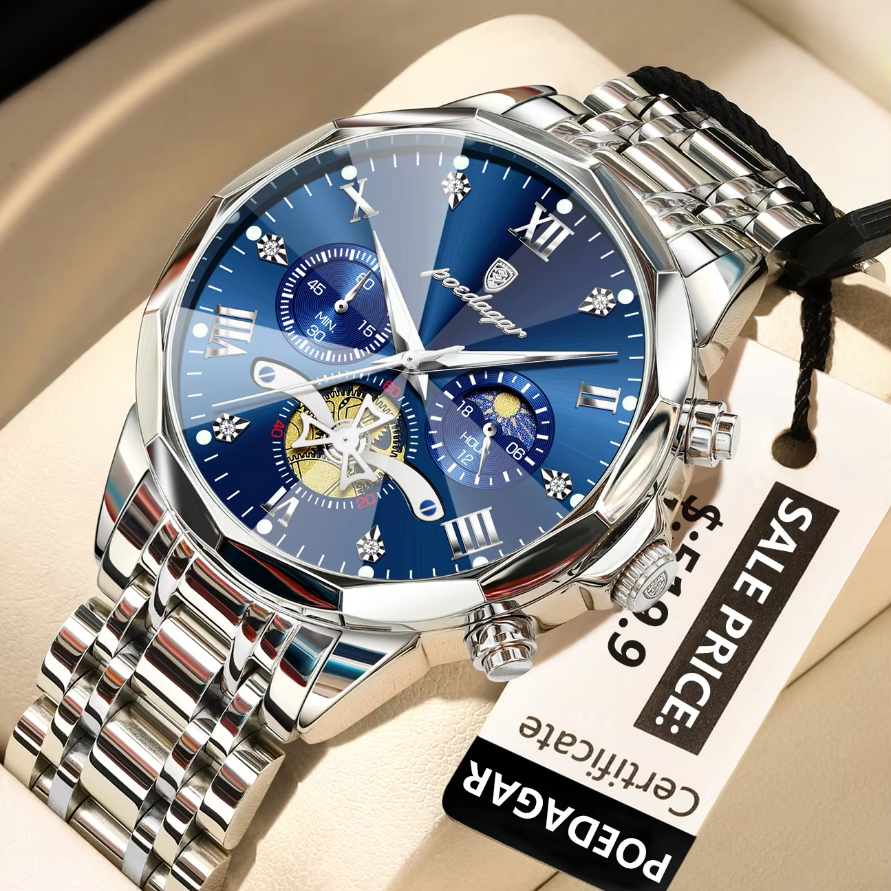 POEDAGAR 938 Male Luminous Waterproof  Hands Wristwatches Silver Blue.
