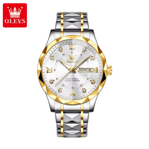 OLEVS 5609 Mens Watches Rhombus Design Stainless Steel Waterproof Silver Gold White. - Image 3