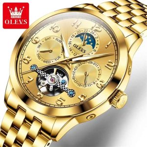 OLEVS 7018 Luxury Brand Men Mechanical & Automatic Wristwatches Full Gold. - Image 2