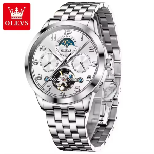 OLEVS 7018 Luxury Brand Men Mechanical & Automatic Wristwatches Silver White. - Image 1