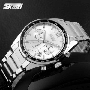 SKMEI 9096 Stainless Steel For Men Waterproof Watch Silver White. - Image 2