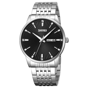 SKMEI 9323 Men's Fashion Quartz Watch 100% Waterproof Stainless Steel Wristwatch Silver Black. - Image 2