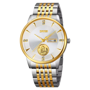 SKMEI 9309 Stainless Steel Strap Waterproof Men Watch Silver Gold White. - Image 2